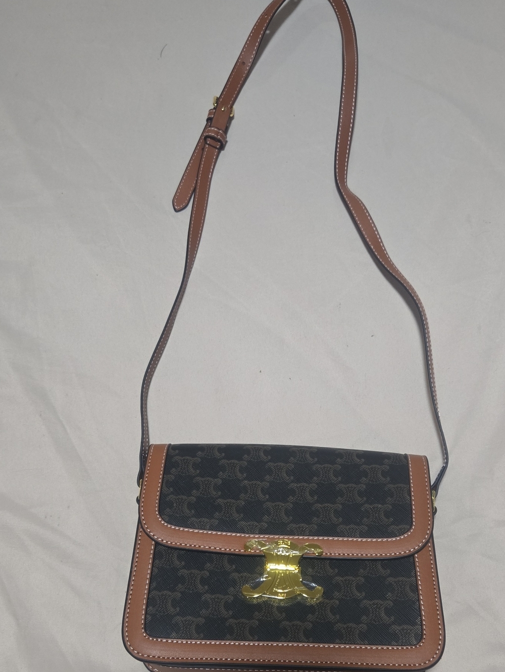 Brown Trim Black Monogram Crossbody Bag with Gold Clasp
